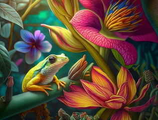 Türaufkleber Tiny rainforest frog in colorful flowers © karenfoleyphoto