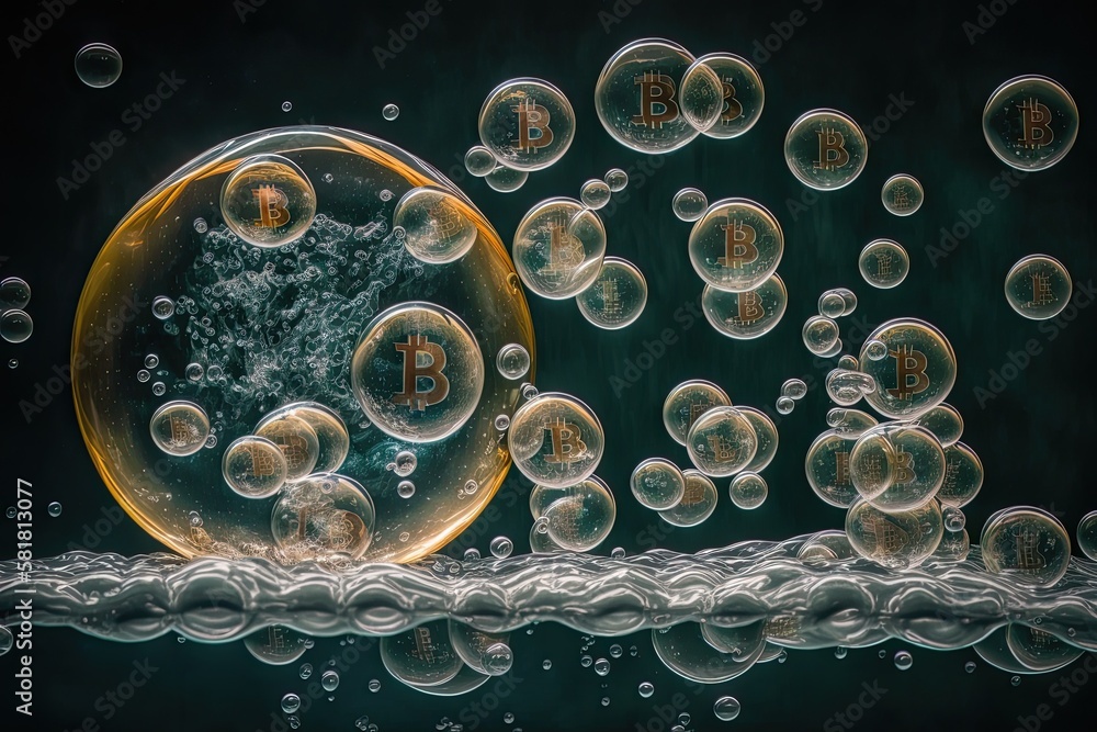 Poster soap bubbles covering bitcoins, representing the gradual burst of the blockchain bubble in bitcoin. 