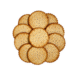 Round crackers isolated on white background, top view.