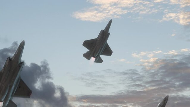 formation of air force military fighter jets in slow motion projecting air supremacy