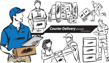 courier delivery service package people career profession work doodle design drawing vector illustration