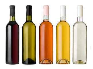 Set of white, rose, and red wine bottles.