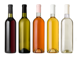 Set of white, rose, and red wine bottles.