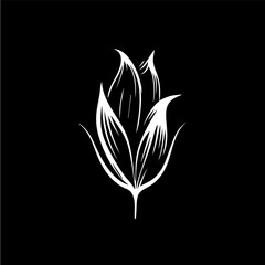 Minimalistic waterlily logo template, white icon of lily petals flower silhouette on black background, yoga logotype concept, cosmetic emblem, tattoo. Vector illustration