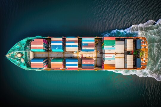 Aerial top view of a cargo ship carrying international containers in the ocean, used for shipping and shipping freight. Logistics, import, export, and shipping of containers. transport by sea operatio