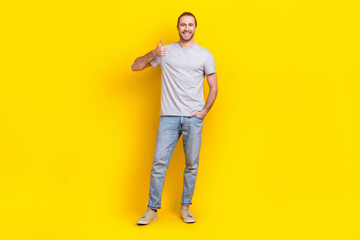 Fototapeta na wymiar Full length photo of positive nice guy dressed light t-shirt arm in pocket showing thumb up good job isolated on yellow color background