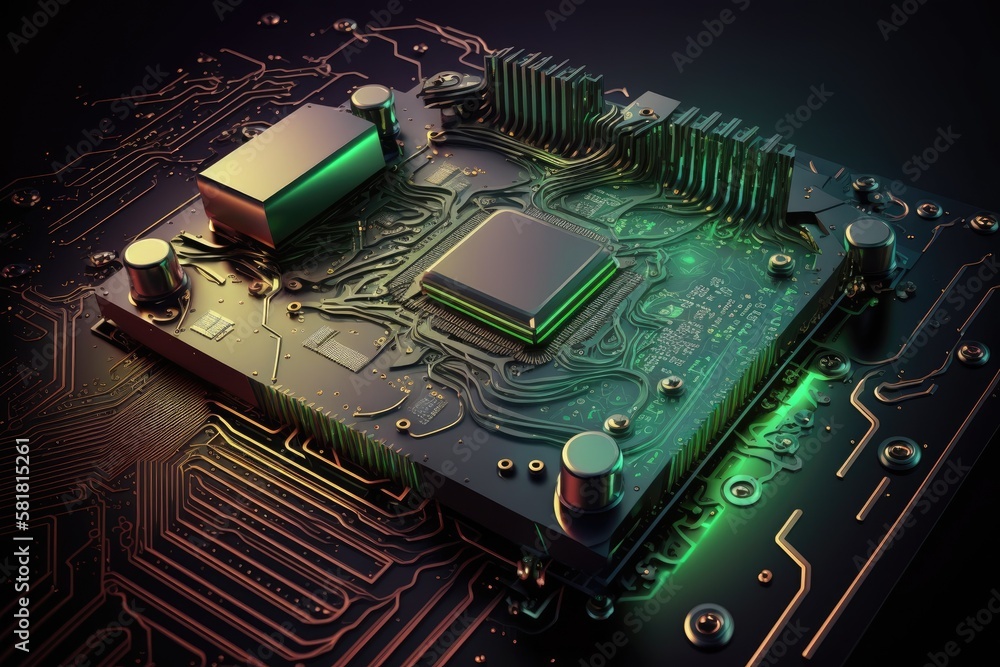 Poster for illustration, cyberpunk ai. the circuit board. technical knowledge cpu and gpu concepts for cent