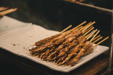 close up grill lamb in street food stall at night market