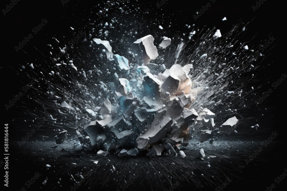 Poster crushed ice on a dark background. spreading smashed ice fragments. generative ai