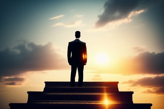 Silhouette of businessman celebrating raising arms on the top stairs with over sunlight.concept of leadership successful achievement with goal,winner,success,growth,achieve,up,win and objective target