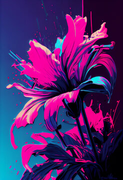 Vibrant Neon Lily on dark background - AI Generative 