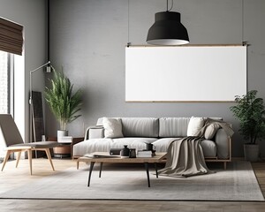 Modern Living Room Mockup with Blank White Poster, generative AI
