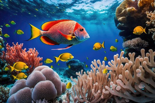 Red tropical fish and shallow coral reef. swimming fish and yellow corals. photographing marine life underwater while snorkeling. Caribbean seascape. Generative AI
