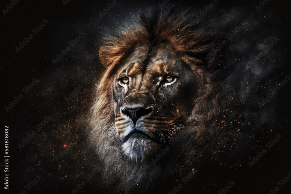 Sticker Beautiful Lion Portrait with Lion in the Dark. Generative AI