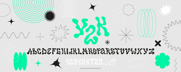 Psychedelic alphabet.
Letters and numbers in Y2K style. Elements for social media, web design, poster, banner, greeting card. Liquid abc - 581818417