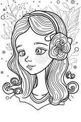 Face stylized girl with long hair and flower coloring page