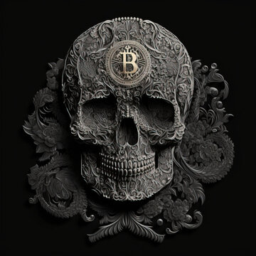 Filigree skull with bitcoin symbol on the forehead created with AI generative technology