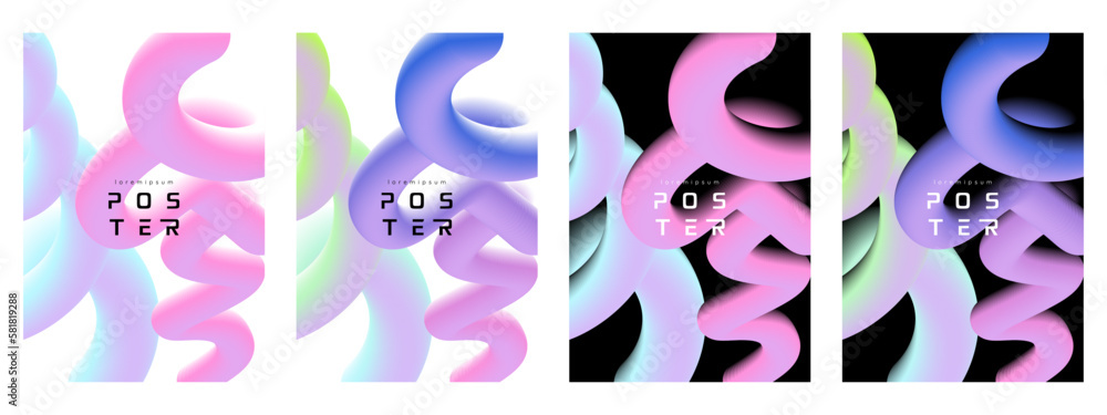 Poster Trendy 3d abstract line liquid gradient color shapes. Abstract colorful curve line. Colorful liquid abstract poster set. Poster for your design. Vector EPS 10