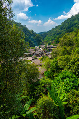 Fototapeta na wymiar Panoramatic aerial view of Mae Kampong village, Thailand. Famous village in mountains near Chiang Mai city.