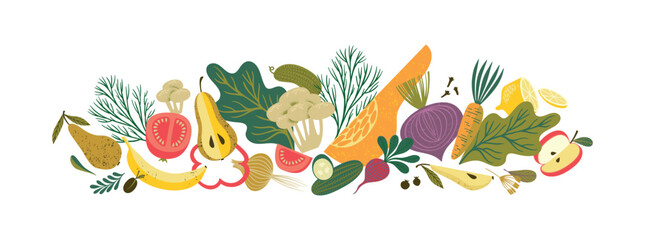 Obraz na płótnie Canvas Vector illustration of fruits and vegetables. Healthy food. Isolated design