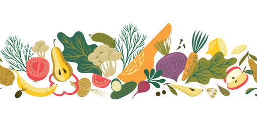 Vector seamless border with fruits and vegetables. Healthy food. Isolated design