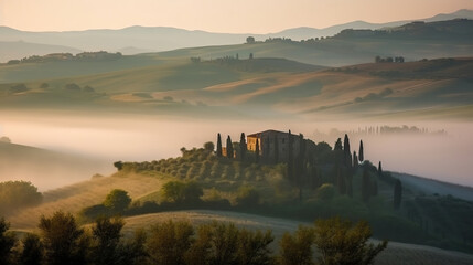 Picturesque misty landscape of Tuscany, Italy. Based on Generative AI