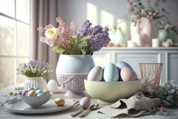 Fototapeta na wymiar Easter home decor. Porcelain vase of spring flowers and pastel painted eggs. Photorealistic illustration generative AI.