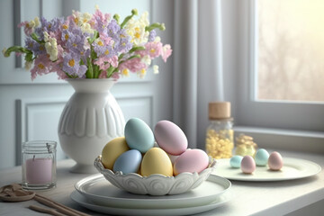 Easter home decor. Porcelain vase of spring flowers and pastel painted eggs. Photorealistic illustration generative AI.