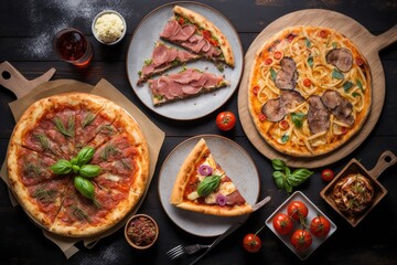Fototapeta na wymiar assorted foodset on table. Pizza Quattro formaggi on the Rome dough, pizza with parma ham, burges, shrimps, steak ribeye, french fries top view food. Generative AI