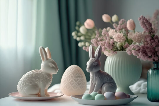 Easter home decor. Porcelain figurine of an Easter bunny, painted eggs and a vase of spring flowers. Photorealistic illustration generative AI.