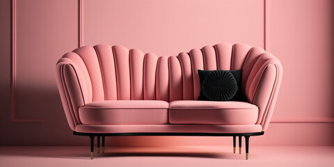 Modern Glamour: A Comfortable and Fashionable Pink Sofa with Beautiful Cushions in a Luxury Concept Art Room. AI Generated Art.