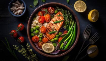 grilled salmon with vegetables on a bowl with ingredients scattered 
