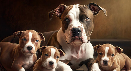  American Staffordshire Terrier With 3 Pups Lying. Generative AI