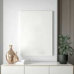 Blank picture frame mockup on the wall. White living room design. View of modern Scandinavian-style interior with artwork mock-up on the wall