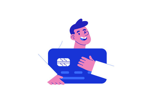 Happy Young Man Holding Big Bank Credit Card. Friendly Boy Character In Flat Cartoon Style. Modern Graphic For Business Or Debit Purchase Concept.