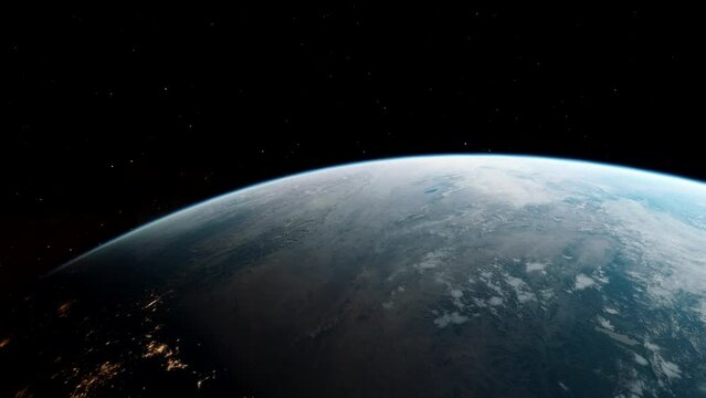 Space Flight Above Planet Earth Into Night Sky 4K