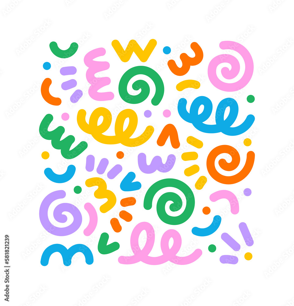 Poster fun colorful line doodle shape set. creative abstract style art symbol collection for children or pa