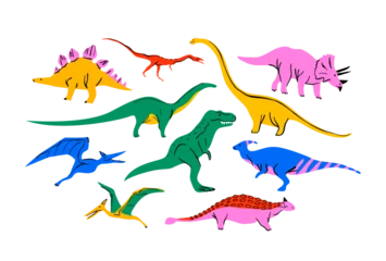 Fotobehang Dinosaurussen Big set of colorful dinosaur doodle illustration on isolated background. Trendy 90s style dinosaurs collection for educational concept or children design. Includes T-rex, triceratops, pterodactyl.   © Dedraw Studio