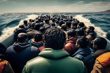 Crowd of people of illegal migrants crosses the state border across the sea in a crowded boat, a dangerous journey to another country. Generative AI - obrazy, fototapety, plakaty