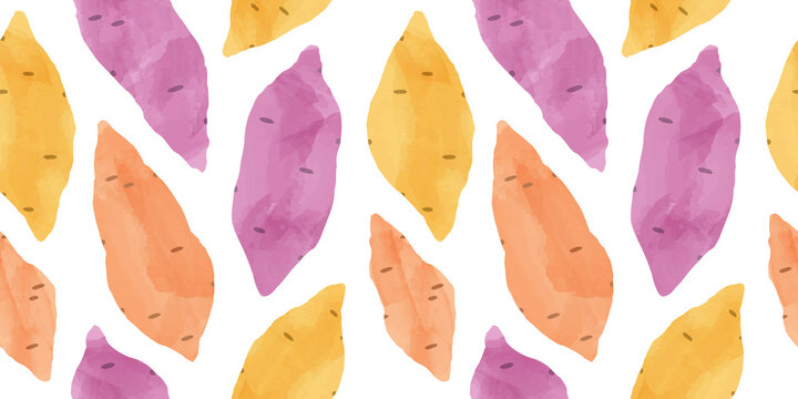 Sweet Potato Vegetable Watercolor Drawing Seamless Pattern. Natural Organic Cooking Ingredient Background For Restaurant, Food Recipe Or Healthy Eating Concept.	