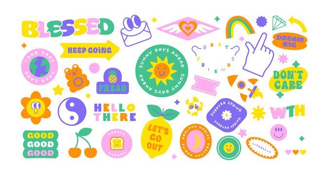 Naklejka Colorful retro cartoon label shape set. Collection of trendy vintage y2k sticker shapes. Funny soft pastel color quote sign bundle. Cute children icon, fun patch illustrations. 