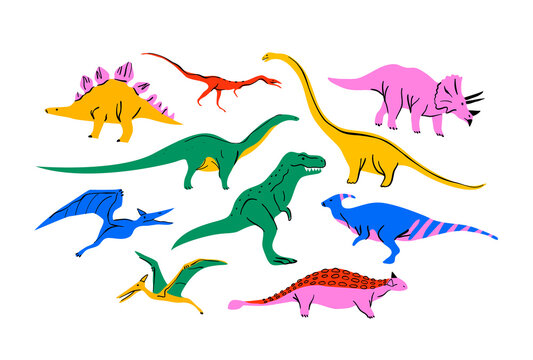 Fototapeta Big set of colorful dinosaur doodle illustration on isolated background. Trendy 90s style dinosaurs collection for educational concept or children design. Includes T-rex, triceratops, pterodactyl. 