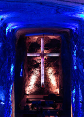 Chapel in the Salt Cathedral of Zipaquira, underground Catholic church built within the tunnels of a salt mine in a halite mountain near the city of Zipaquirá, in Cundinamarca, Colombia.