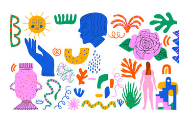 Set of trendy doodle and abstract retro icons on isolated white background. Big summer collection, random organic shapes in freehand art style. Includes people, floral art, colorful bundle.
