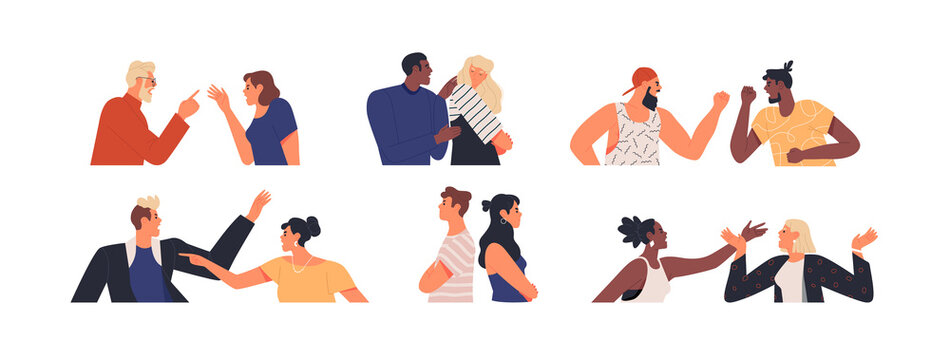 Diverse set of angry people having an argument or heated discussion concept. Modern flat cartoon characters bundle on isolated background. Men and women in confrontation, fighting or in disagreement.