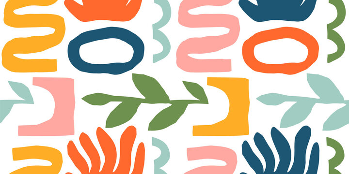 Abstract matisse inspired seamless pattern with colorful freehand doodles. Organic flat cartoon background, simple random cutout shapes in bright childish colors.