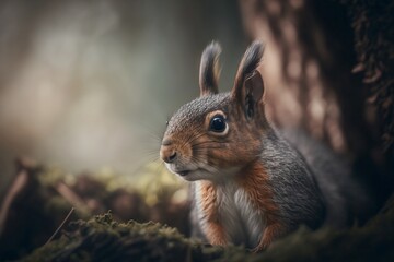 Naklejka na ściany i meble urious Squirrel: A Close-Up in the Bokeh Forest - Generative ai