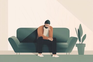 2D vector illustration of sad man with mental health problem on couch - Generative ai