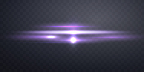 Purple horizontal lens flare. Sun flash with rays or gold spotlight and bokeh. Purple glow flare light effect. Vector illustration
