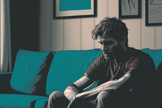 Depression and anxiety: Illustration of a sad man on couch - Generative ai